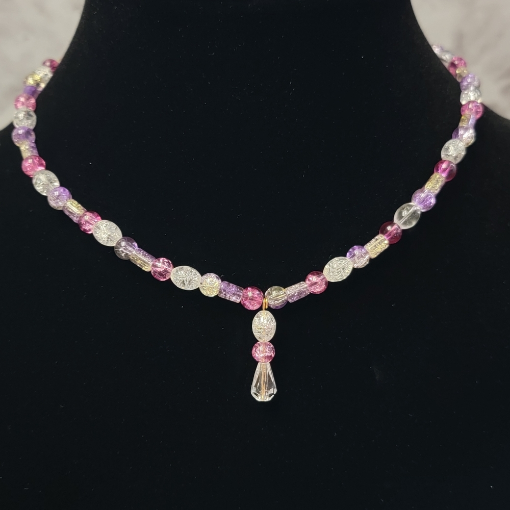 VTG‎ Y2K Purple Crackle Beaded Choker Necklace 15" Drop Pendant Fairycore Pastel